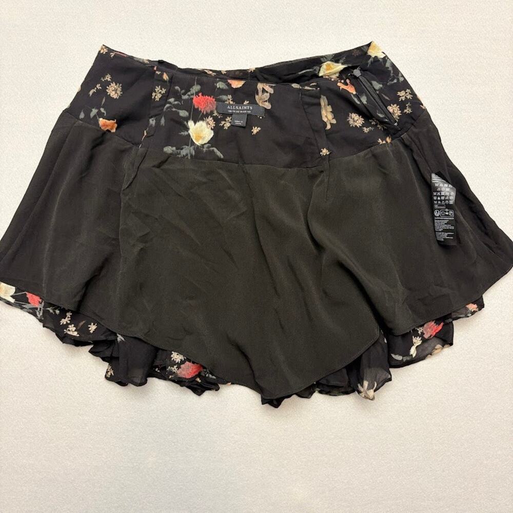 ALLSAINTS Erica Kora Asymmetric Hem Black Floral Tiered Mini Skirt Size 10 - Picture 9 of 13